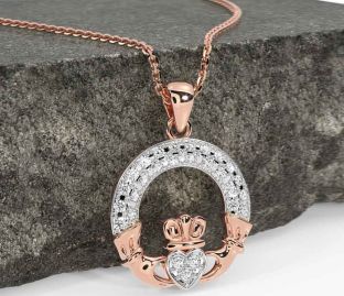 Diamond Rose Gold Silver Claddagh Necklace