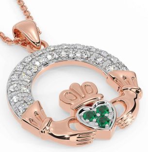 Diamond Emerald Rose Gold Silver Claddagh Necklace