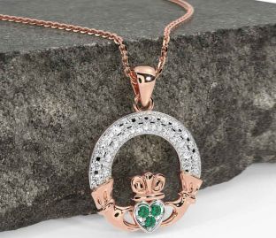 Diamond Emerald Rose Gold Silver Claddagh Necklace