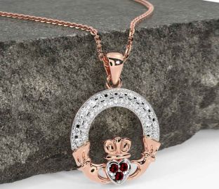 Diamond Garnet Rose Gold Silver Claddagh Necklace
