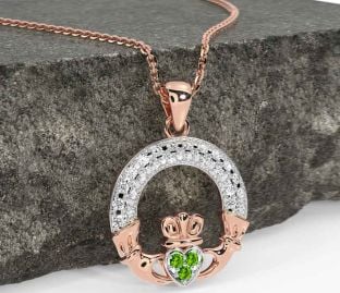 Diamond Peridot Rose Gold Silver Claddagh Necklace