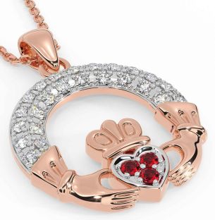 Diamond Ruby Rose Gold Silver Claddagh Necklace