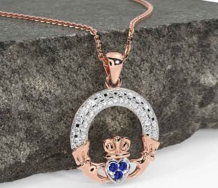 Diamond Sapphire Rose Gold Silver Claddagh Necklace
