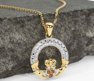 Diamond Citrine Gold Silver Claddagh Necklace