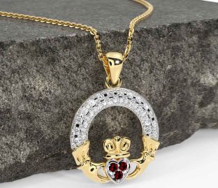 Diamond Garnet Gold Silver Claddagh Necklace