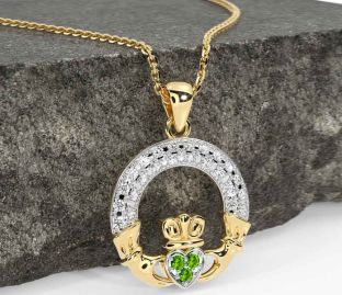 Diamond Peridot Gold Silver Claddagh Necklace