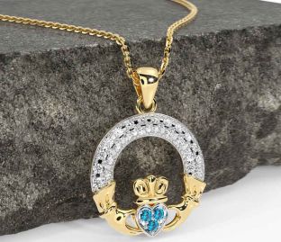 Diamond Topaz Gold Silver Claddagh Necklace