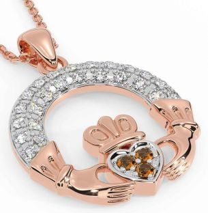 Diamond Citrine Rose Gold Claddagh Necklace