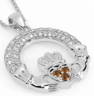 Diamond Citrine White Gold Claddagh Necklace