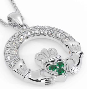 Diamond Emerald White Gold Claddagh Necklace