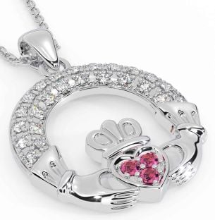 Diamond Pink Tourmaline White Gold Claddagh Necklace