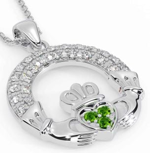 Diamond Peridot White Gold Claddagh Necklace