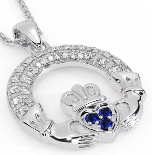 Diamond Sapphire White Gold Claddagh Necklace