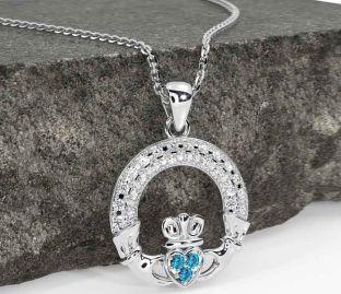 Diamond Topaz White Gold Claddagh Necklace