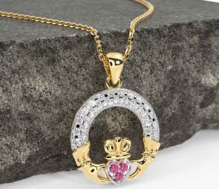 Diamond Pink Tourmaline Gold Claddagh Necklace