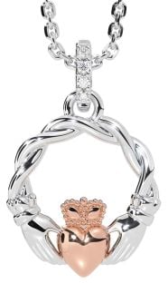 Diamond Rose Gold Silver Celtic Claddagh Necklace