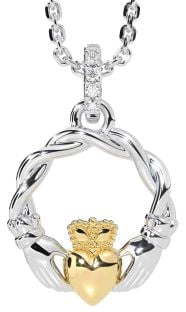 Diamond Gold Silver Celtic Claddagh Necklace
