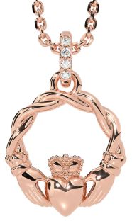 Diamond Rose Gold Silver Celtic Claddagh Necklace