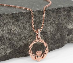 Diamond Rose Gold Silver Celtic Claddagh Necklace