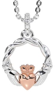 Diamond Rose Gold Silver Celtic Claddagh Necklace