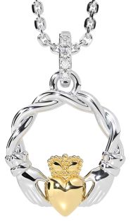 Diamond Gold Silver Celtic Claddagh Necklace