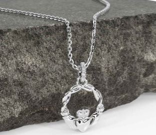 Diamond White Gold Celtic Claddagh Necklace