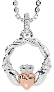 Diamond White Rose Gold Celtic Claddagh Necklace