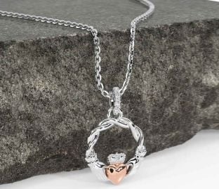 Diamond White Rose Gold Celtic Claddagh Necklace