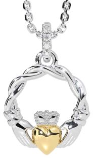Diamond White Yellow Gold Celtic Claddagh Necklace