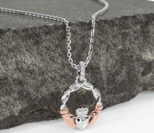 Diamond Rose Gold Silver Celtic Claddagh Necklace