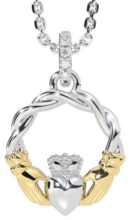 Diamond Gold Silver Celtic Claddagh Necklace