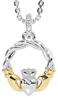 Diamond White Yellow Gold Celtic Claddagh Necklace