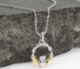 Diamond White Yellow Gold Celtic Claddagh Necklace