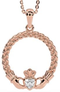 Diamond Rose Gold Silver Celtic Claddagh Necklace