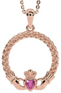 Pink Tourmaline Rose Gold Silver Celtic Claddagh Necklace