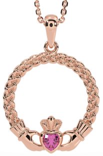 Pink Tourmaline Rose Gold Celtic Claddagh Necklace