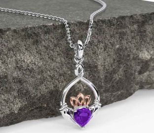 Amethyst Rose Gold Silver Claddagh Necklace