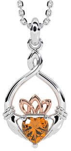 Citrine Rose Gold Silver Claddagh Necklace