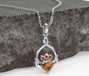 Citrine Rose Gold Silver Claddagh Necklace