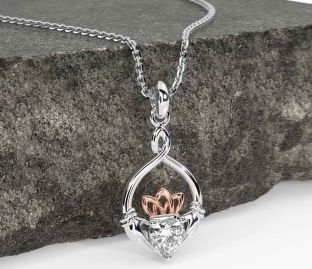 Diamond Rose Gold Silver Claddagh Necklace
