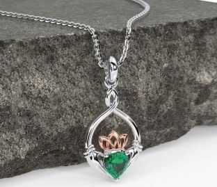 Emerald Rose Gold Silver Claddagh Necklace