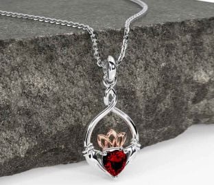 Garnet Rose Gold Silver Claddagh Necklace
