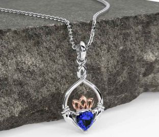 Sapphire Rose Gold Silver Claddagh Necklace