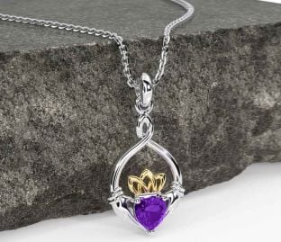 Amethyst Gold Silver Claddagh Necklace