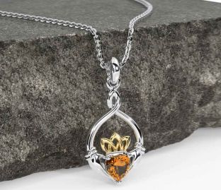 Citrine Gold Silver Claddagh Necklace