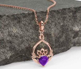 Amethyst Rose Gold Silver Claddagh Necklace