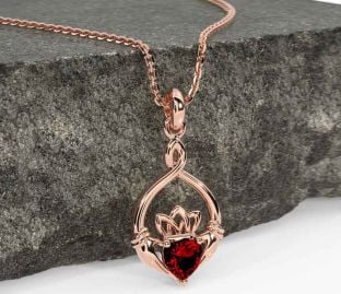 Garnet Rose Gold Silver Claddagh Necklace