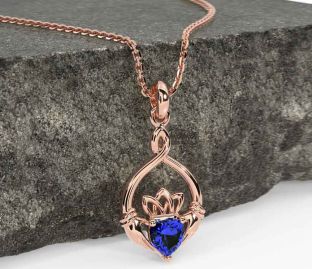 Sapphire Rose Gold Silver Claddagh Necklace
