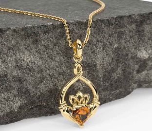 Citrine Gold Silver Claddagh Necklace