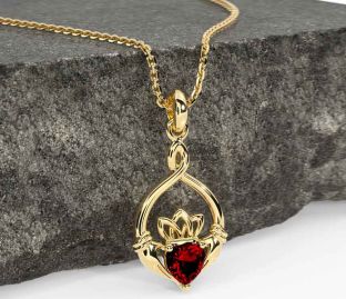 Garnet Gold Silver Claddagh Necklace